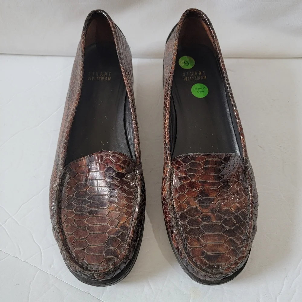 Stuart Weitzman Payson Loafers Sz 9 Brown Leather Snakeskin Old Money Luxury